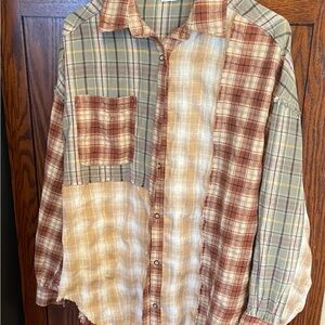 Plaid Patchwork Button-Up Shirt, boutique.  Frayed hemline, very cute!Size Large